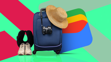 Une valise avec des accessoires de voyage devant le logo Google Wallet