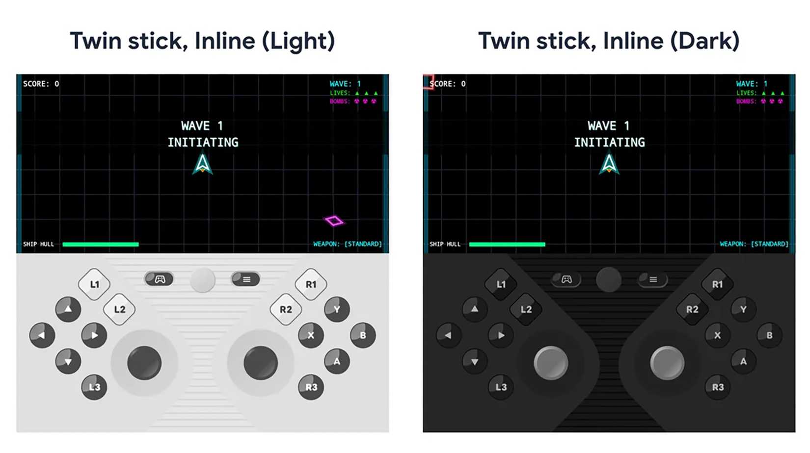 Gioco pieghevole Android 17 twin stick in modalità luce e buio