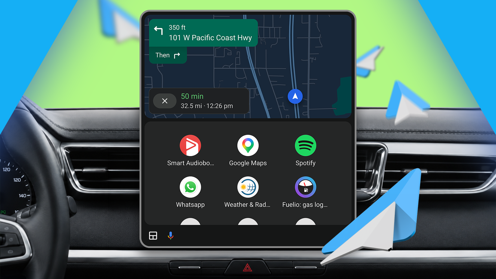 Android Auto dashboard showing Google Maps with essential apps like Smart Audiobook Player, Spotify, WhatsApp, Weather & Radar, and Fuelio