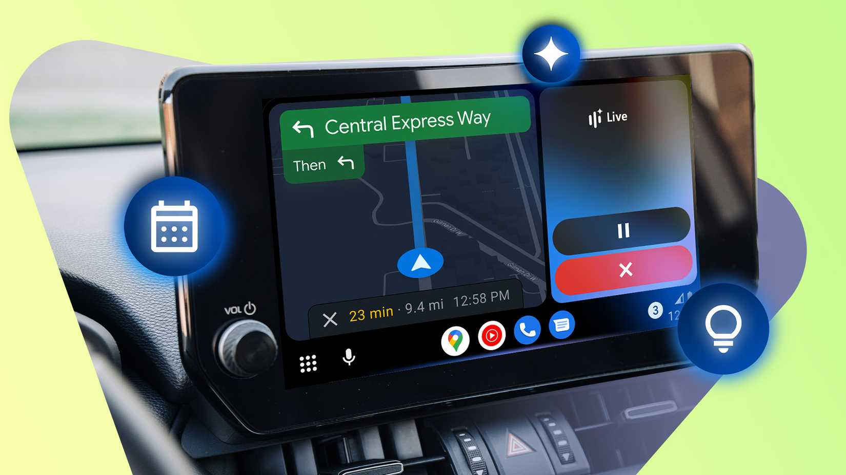 Tela do Android Auto com ícones Gemini, calendário e ideias