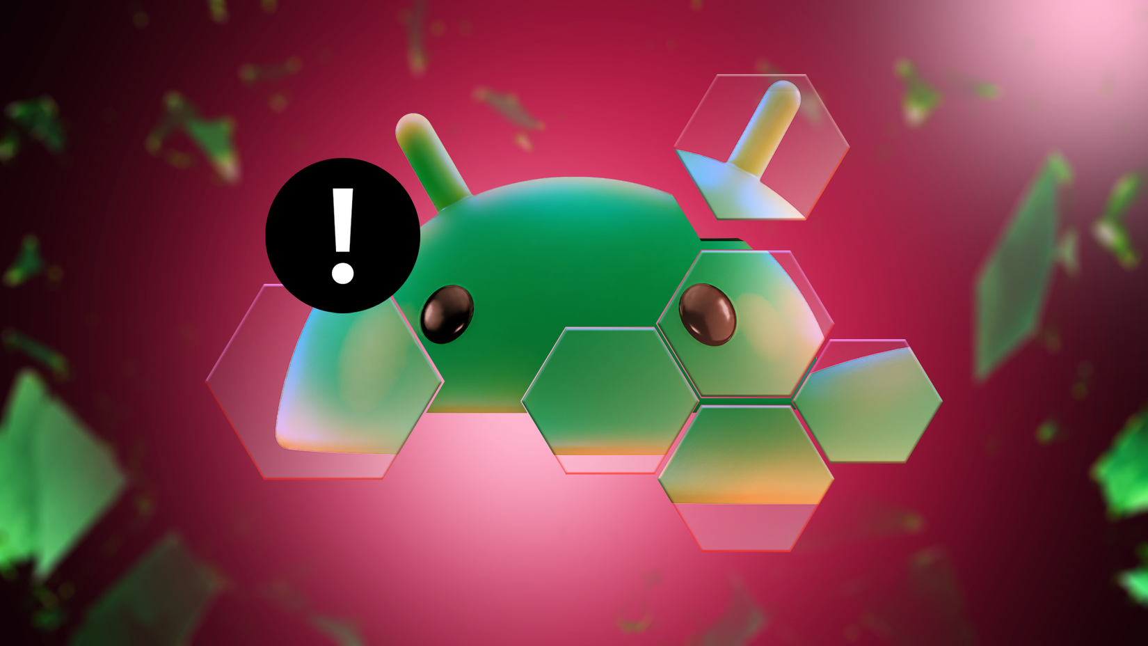 Fragmented Android mascot with warning icon and floating glass pieces