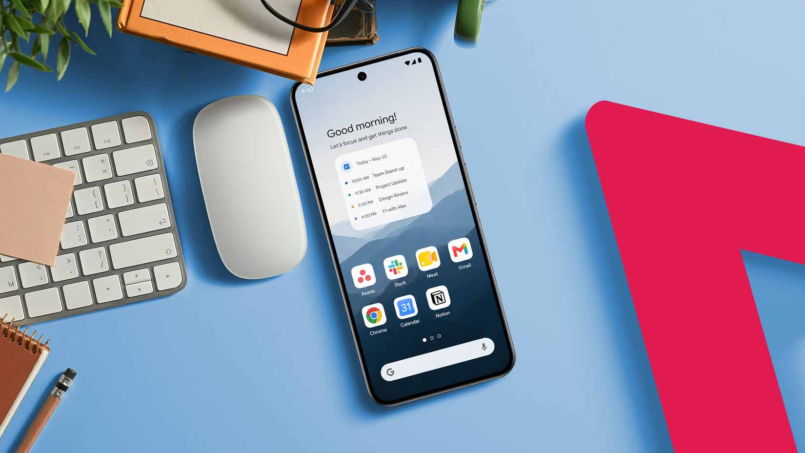 Android phone displaying a work-focused home screen with productivity apps, placed on a desk next to a keyboard and mouse
