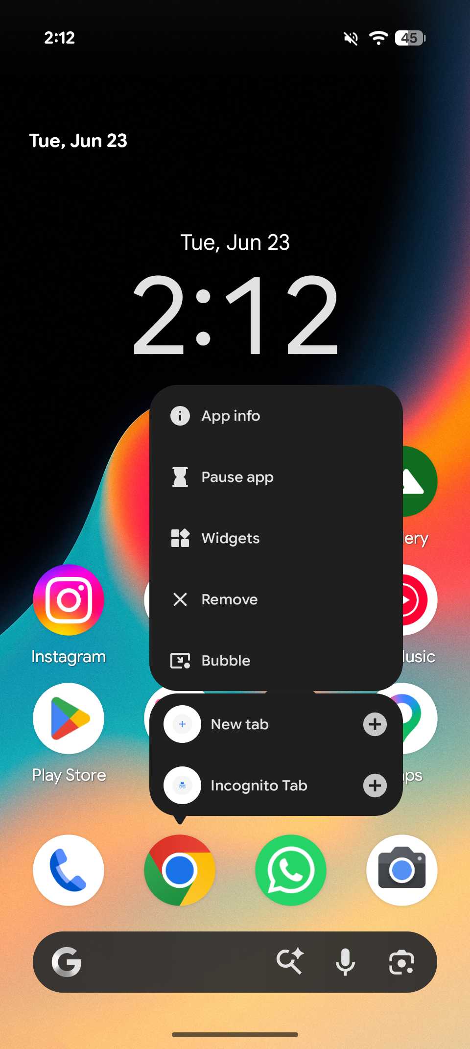 App options after pressing and long-pressing the app icon include: App info, Pause app bubble, and More