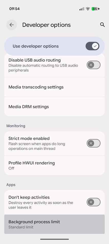 Menu d'options du développeur sur Android