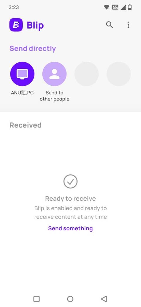 Screenshot showing the home page of the Blip file transfer app