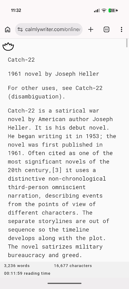 text in calmly writer browser