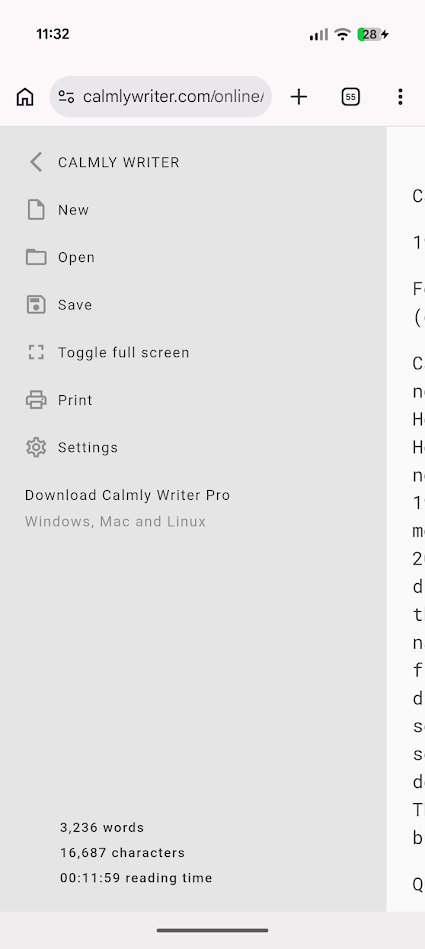 options in calmly writer browser app
