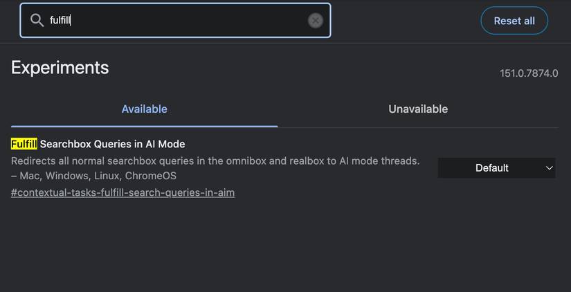 A screenshot of Chrome Canary's 'fulfil searchbox queries in AI Mode' flag.