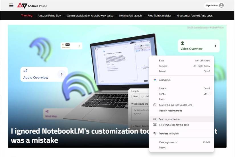 Captura de tela mostrando a opção Enviar para seu dispositivo no Chrome