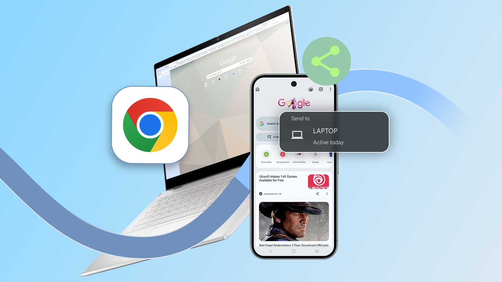 Chrome sends a web page from a phone to a laptop using the Send to your devices feature