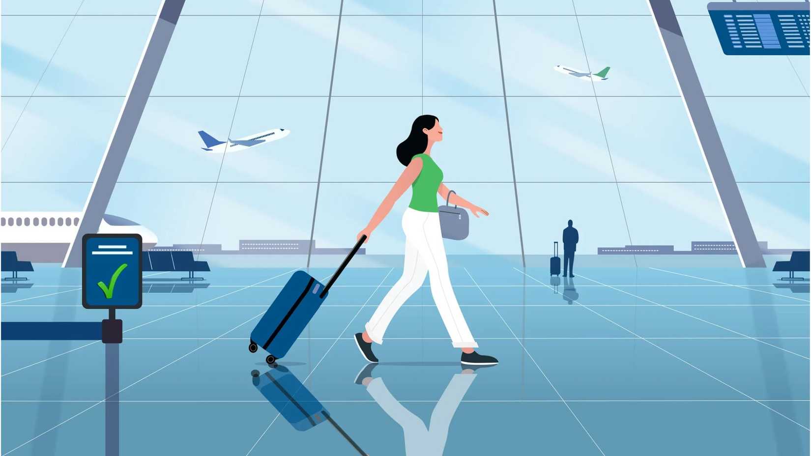 Persona che cammina attraverso l'aeroporto con la fila TSA PreCheck davanti a sé