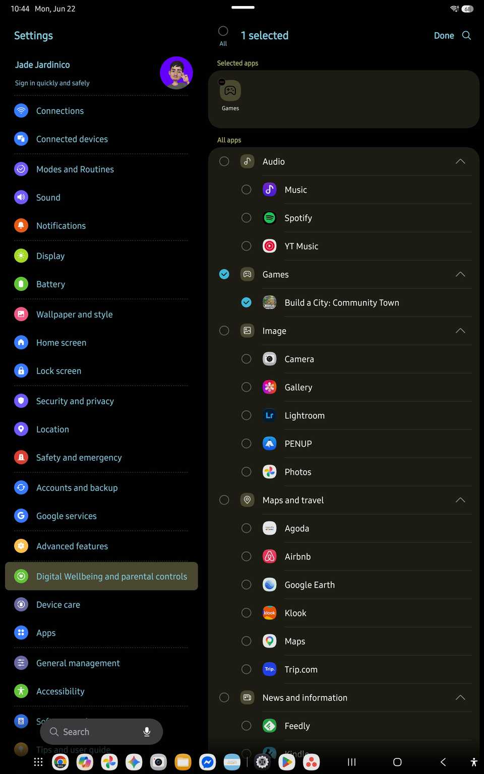 Visualizzazione dell'elenco delle app nelle impostazioni di Benessere digitale nella tabella Samsung Galaxy Tab S10 FE per il controllo del timer dello schermo dell'app