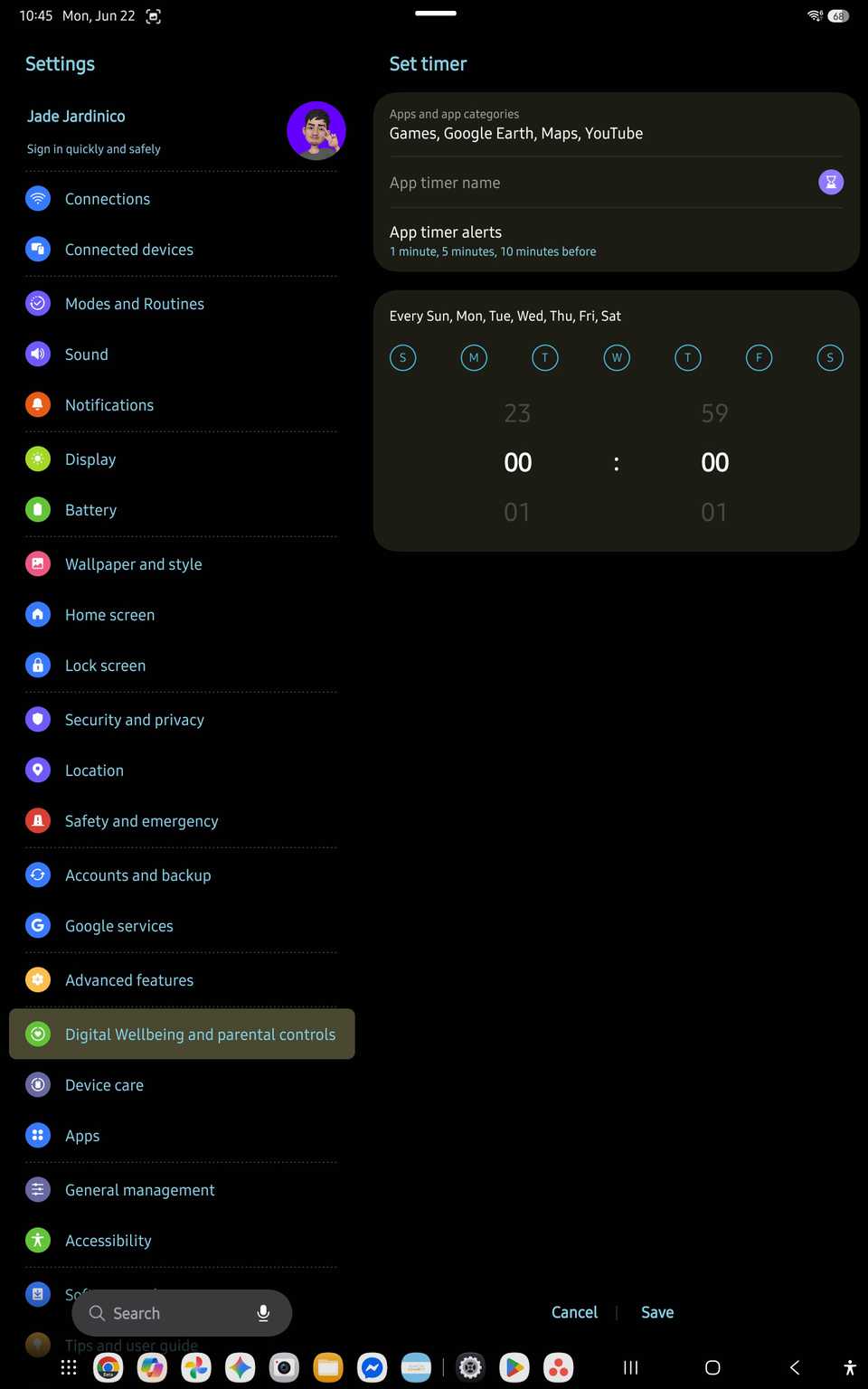 Impostazione del timer dello schermo sulla funzione Benessere digitale nel Samsung Galaxy Tab S10 FE