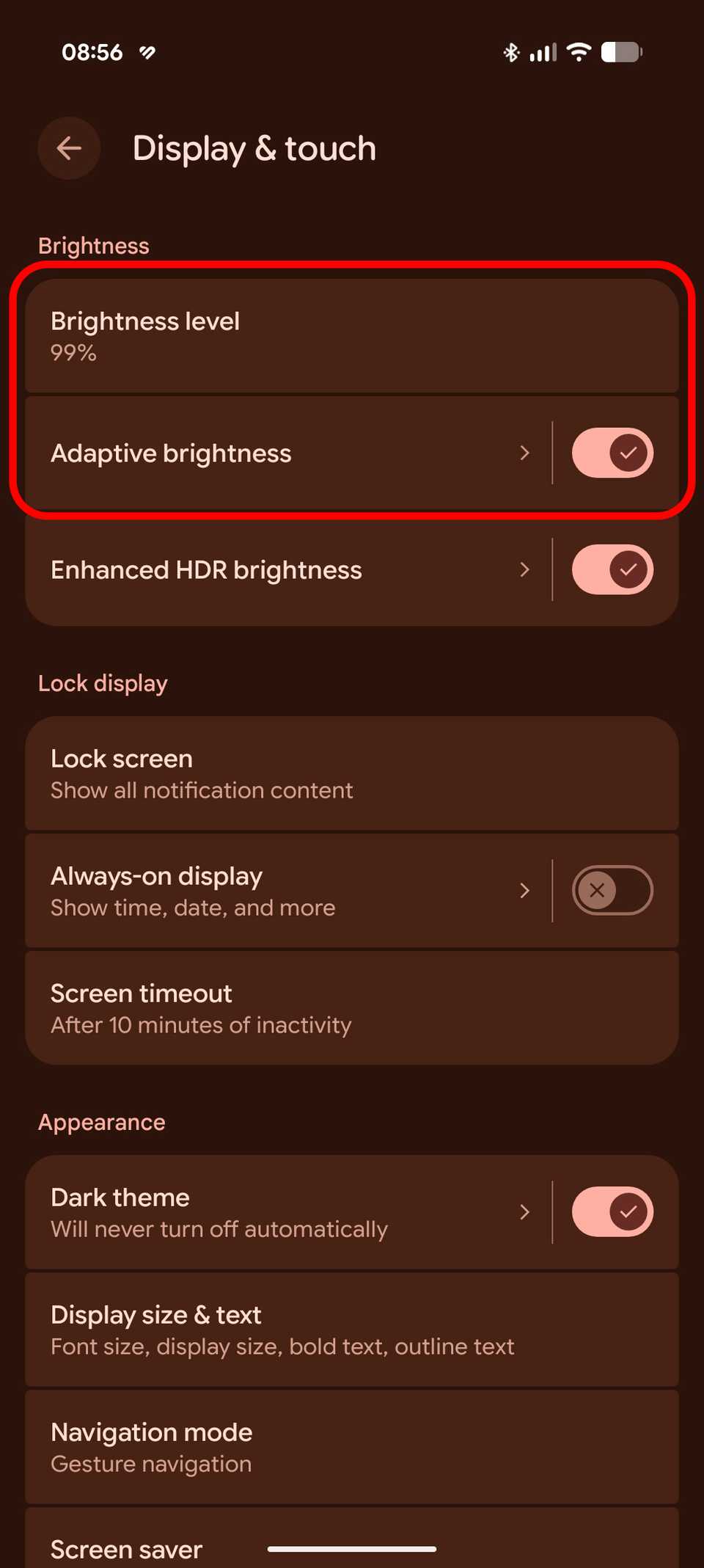 Display and touch settings on Google Pixel 9 Pro XL with Adaptive brightness turned on