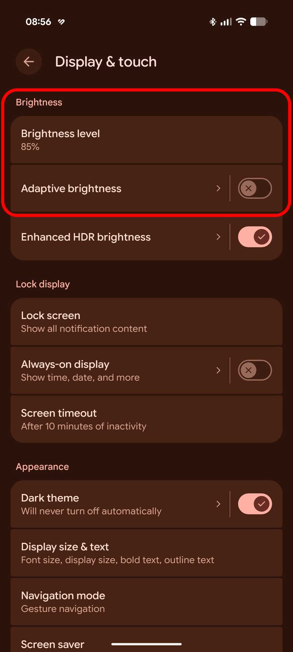 Display and touch settings in Google Pixel 9 Pro XL smartphone with adaptive brightness turned off