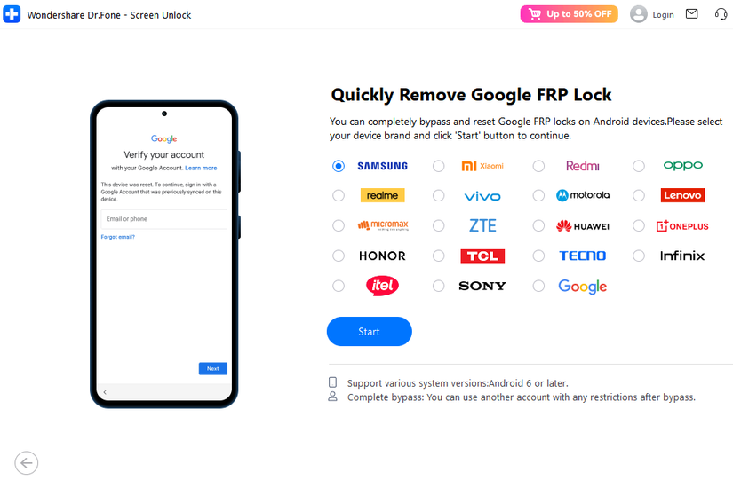Dr.Fone Unlock, remova rapidamente a lista de dispositivos bloqueados do Google FRP