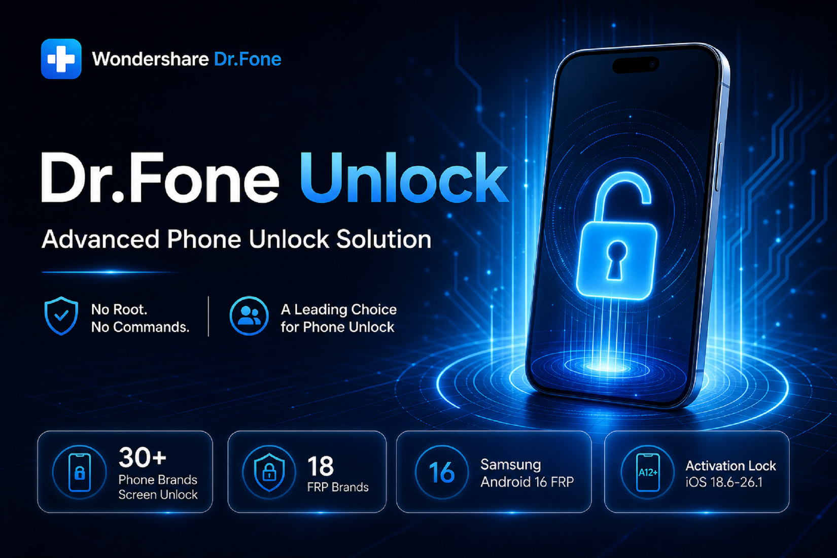 Dr.Fone Desbloqueia recursos com um gráfico de celular exibindo um cadeado aberto