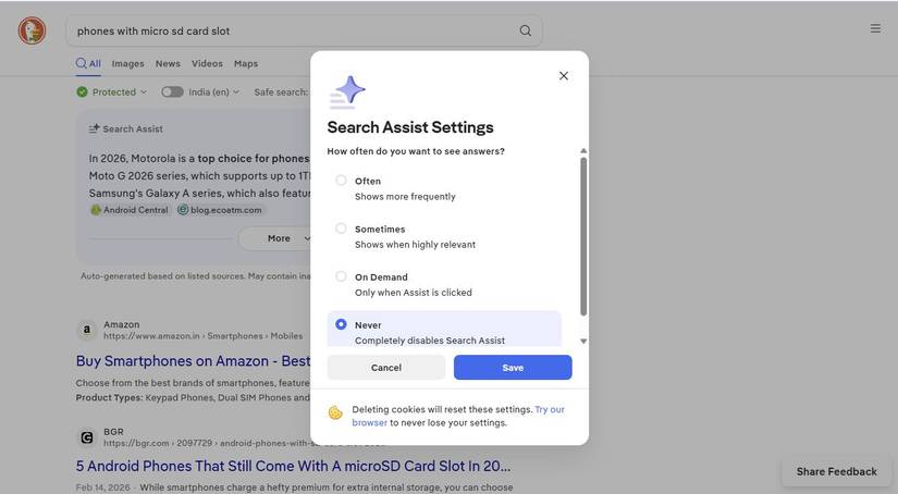 Screenshot showing DuckDuckGo search assist settings
