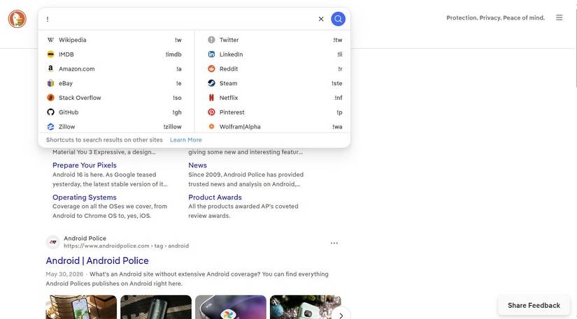 Screenshot showing DuckDuckGo Bangs
