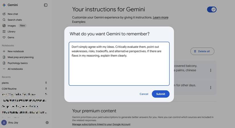 Captura de tela mostrando as instruções no Gemini