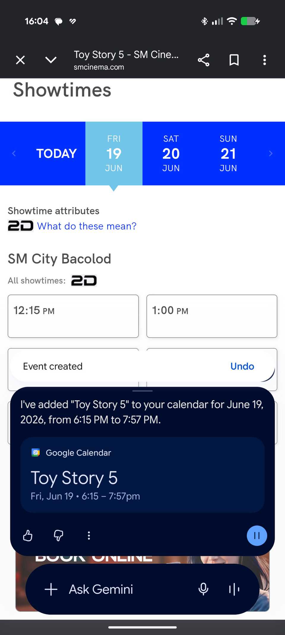 Gemini add to calendar feature where the assistant understands context in the screen when adding a showtime event