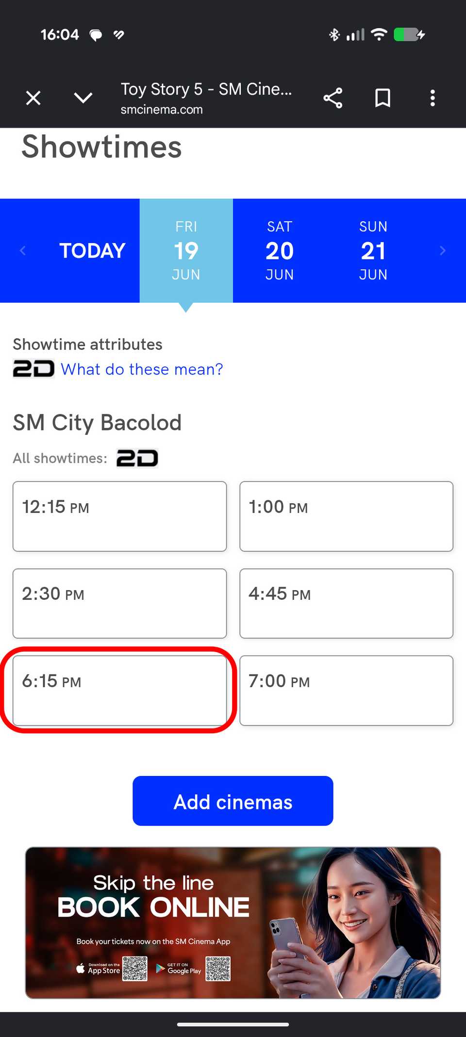 Gemini add to calendar feature showing showtimes for Toy Story 5 