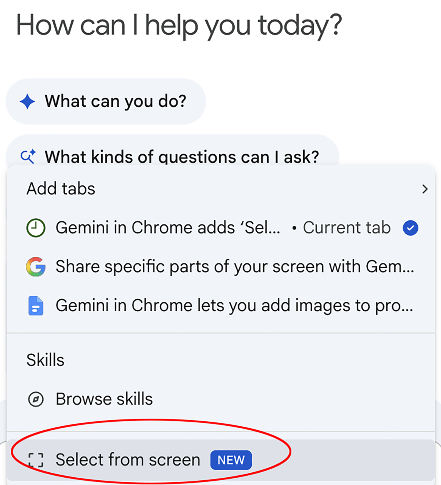 Seleziona un comando sullo schermo cerchiato in rosso in Gemini in Chrome
