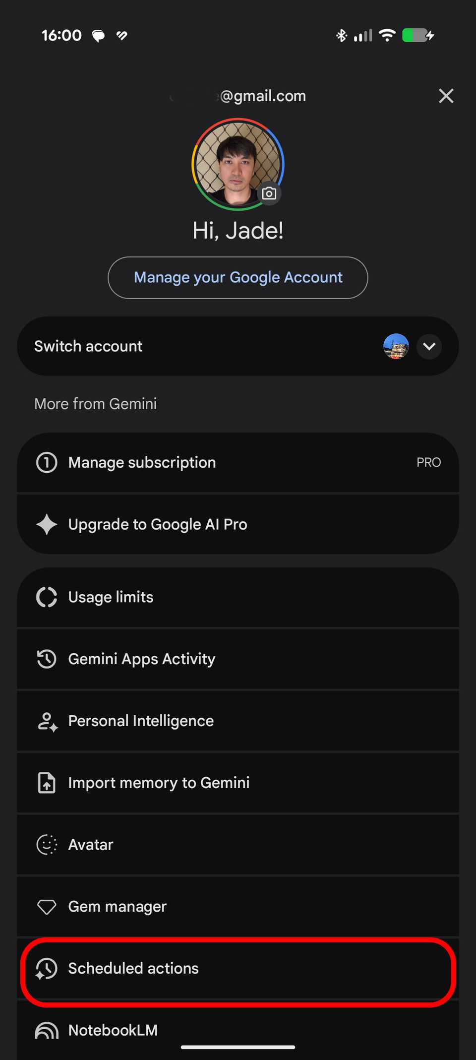 Gemini menu with Scheduled actions highlighted