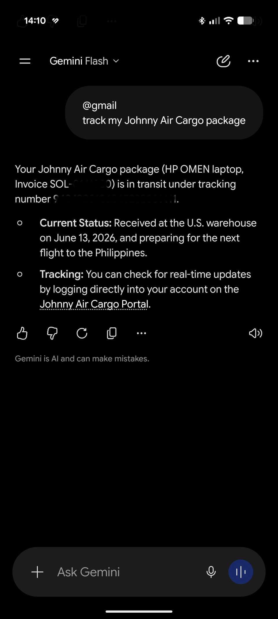 Gemini feature tracking a package