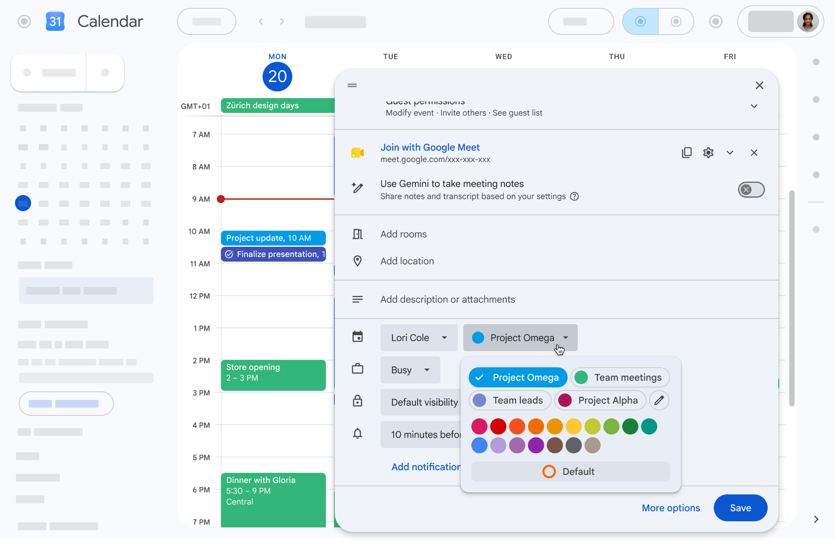 Google Agenda mostrando o seletor de cores do evento