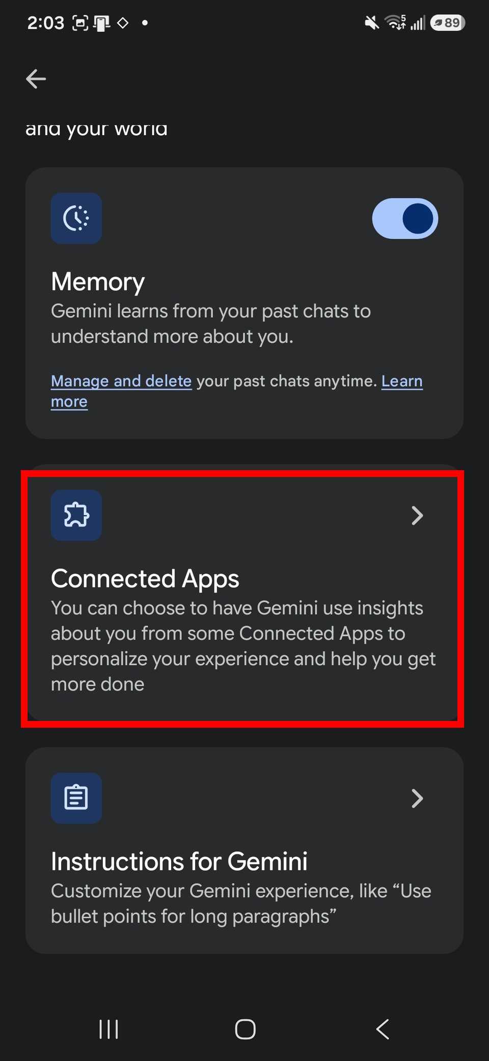 Red rectangle outline highlighting Connected Apps in Google Gemini app