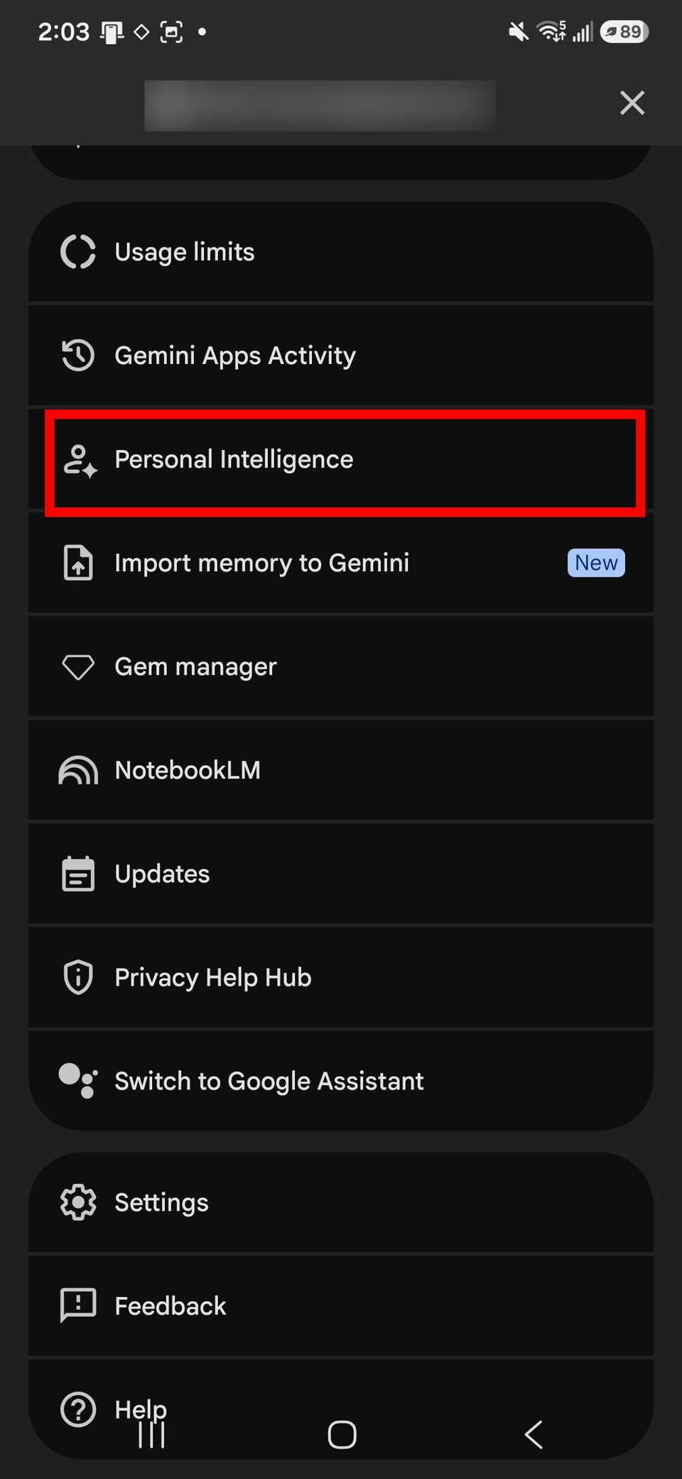 Red rectangle outline highlighting Personal intelligence in Google Gemini app