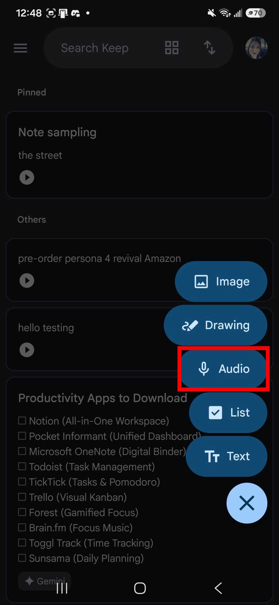 Red rectangle outline highlighting the Audio option in Google Keep app