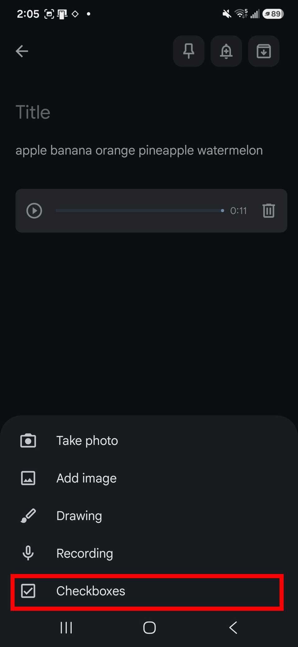 Red rectangle outline highlighting checkboxes in menu for Google Keep app for a Voice Memo