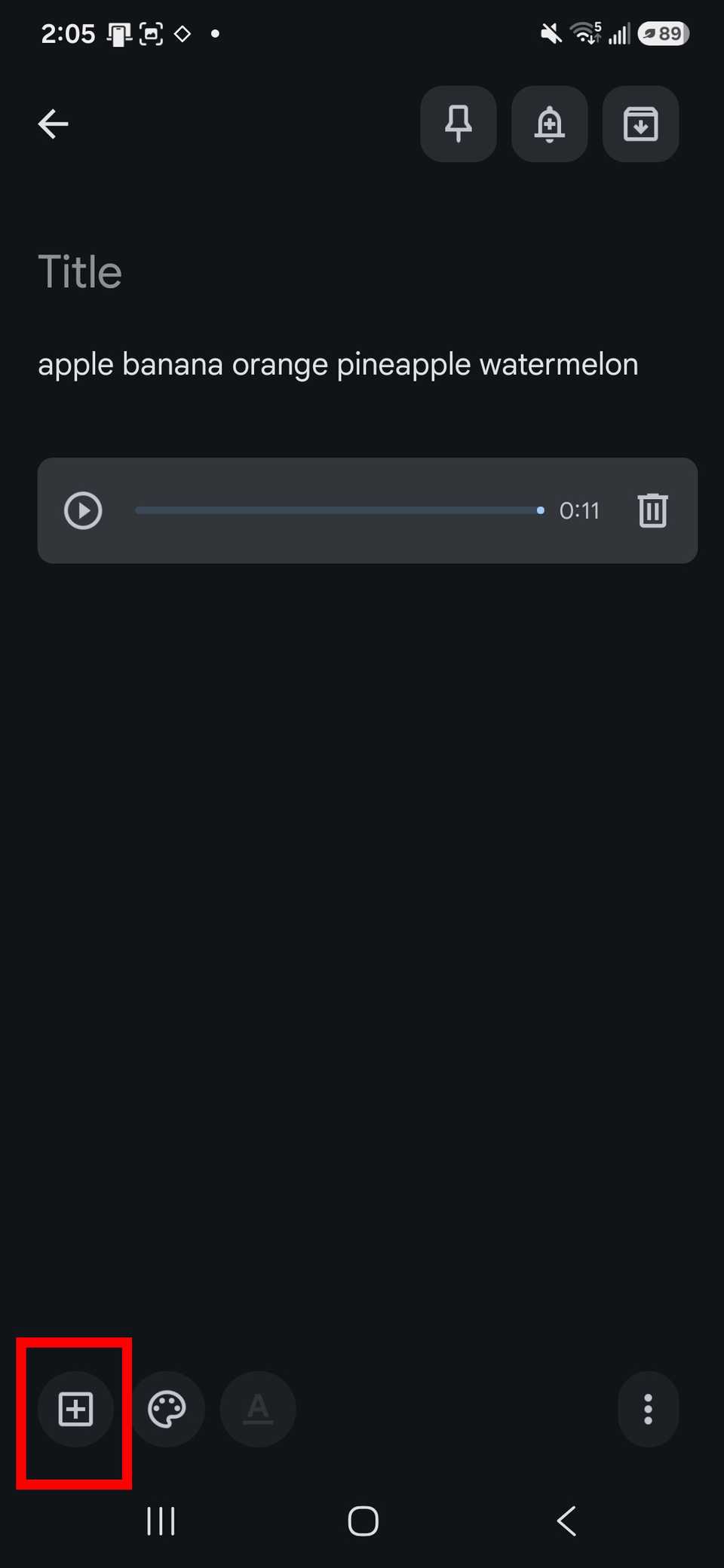Red rectangle outline highlighting the square plus sign icon in bottom left corner of the Google Keep app in Voice Memo