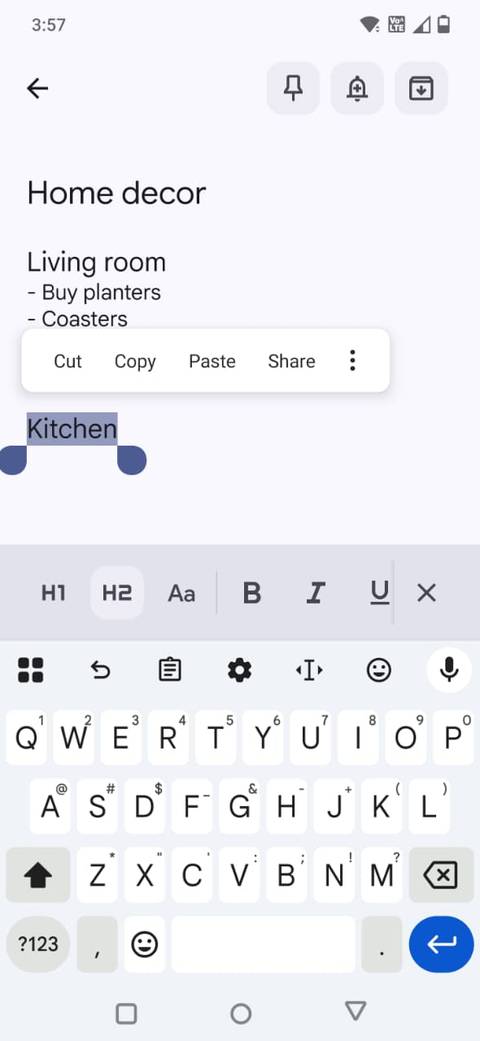 Screenshot showing how to format a note in Google Keep