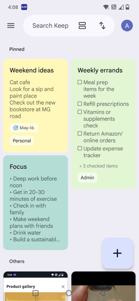 Screenshot showing how pinneds notes look in Google Keep