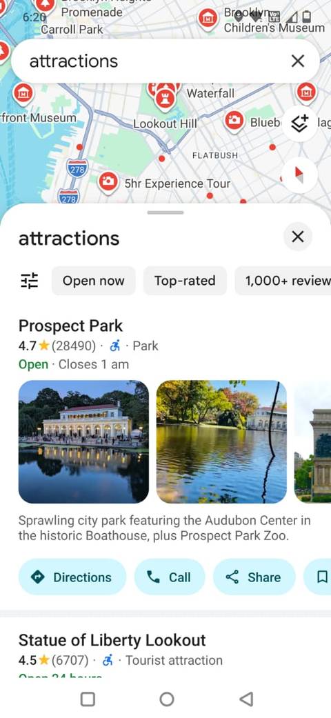 Screenshot showing the nearby attractions in Google Maps