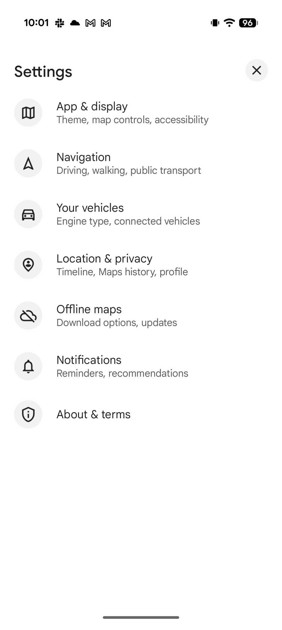 Google Maps internal settings page displaying options for App and display, Navigation, and Location and privacy