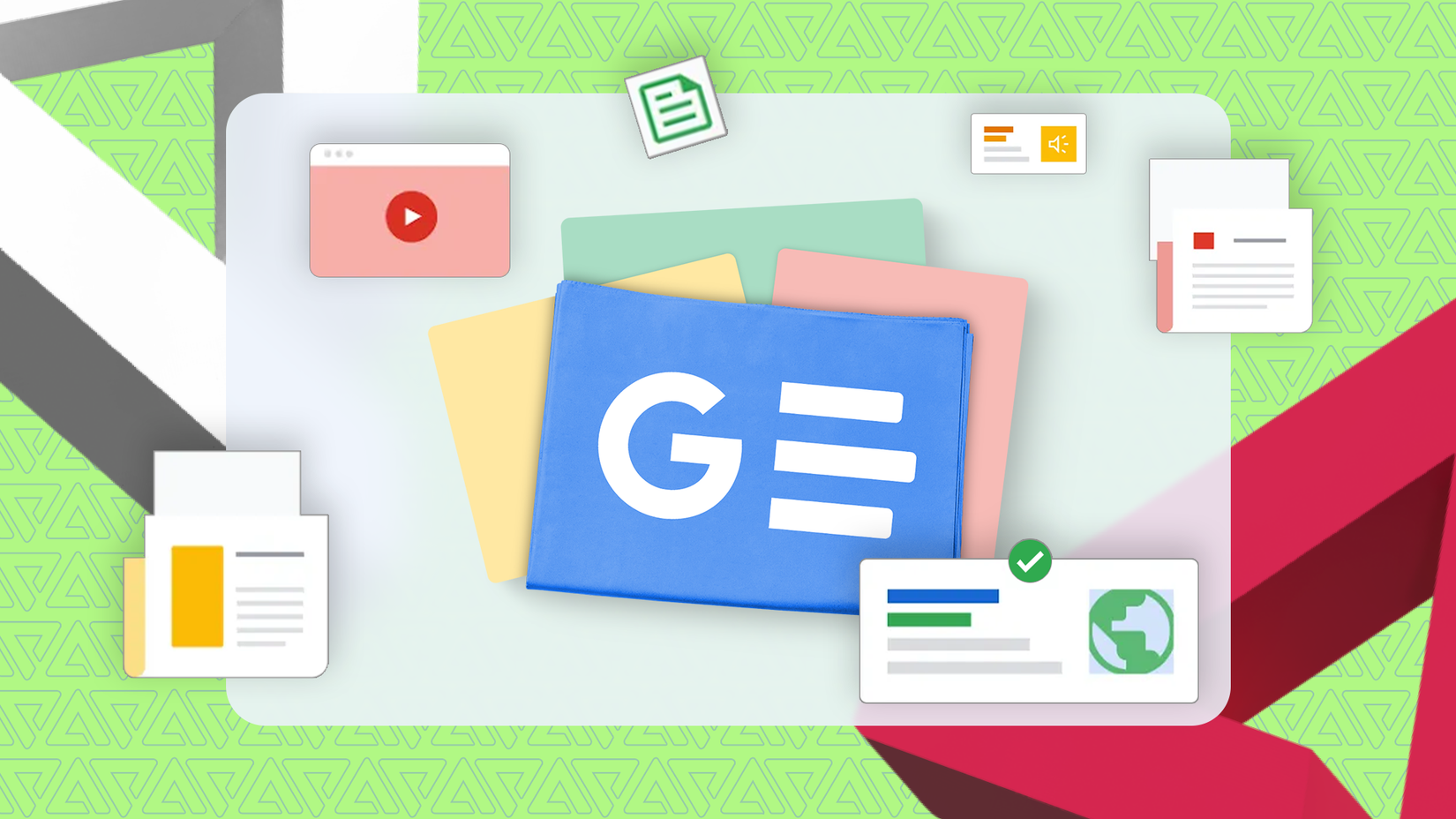 Logotipo do Google Notícias cercado por diversos cartões de notícias e mídia