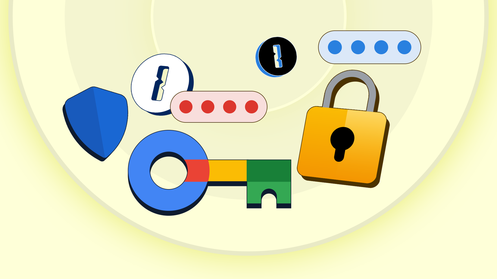 Loghi Google Password Manager e 1Password con icone di sicurezza, password e lucchetto.