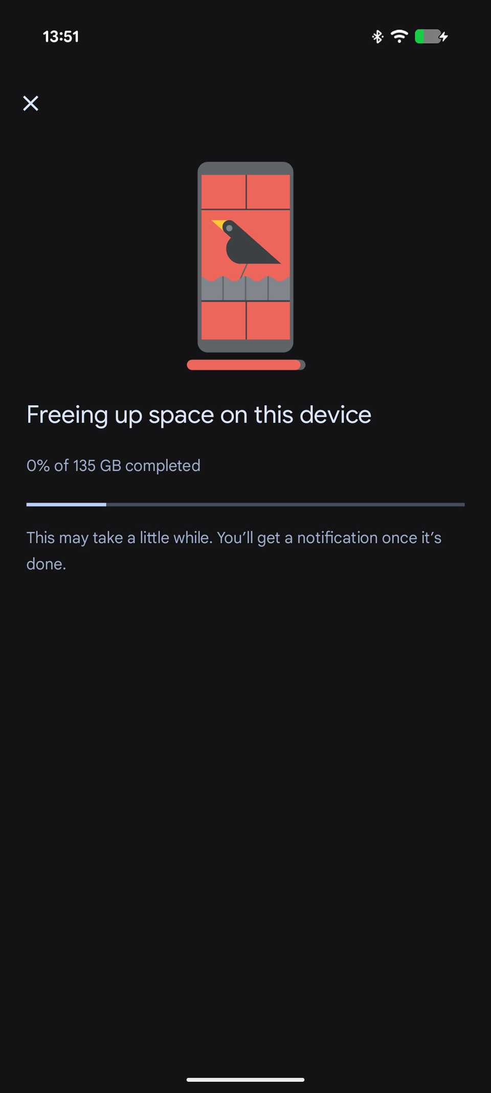 Google Photos Free up space on this device feature running by deleting 135 GB of my local photos and videos