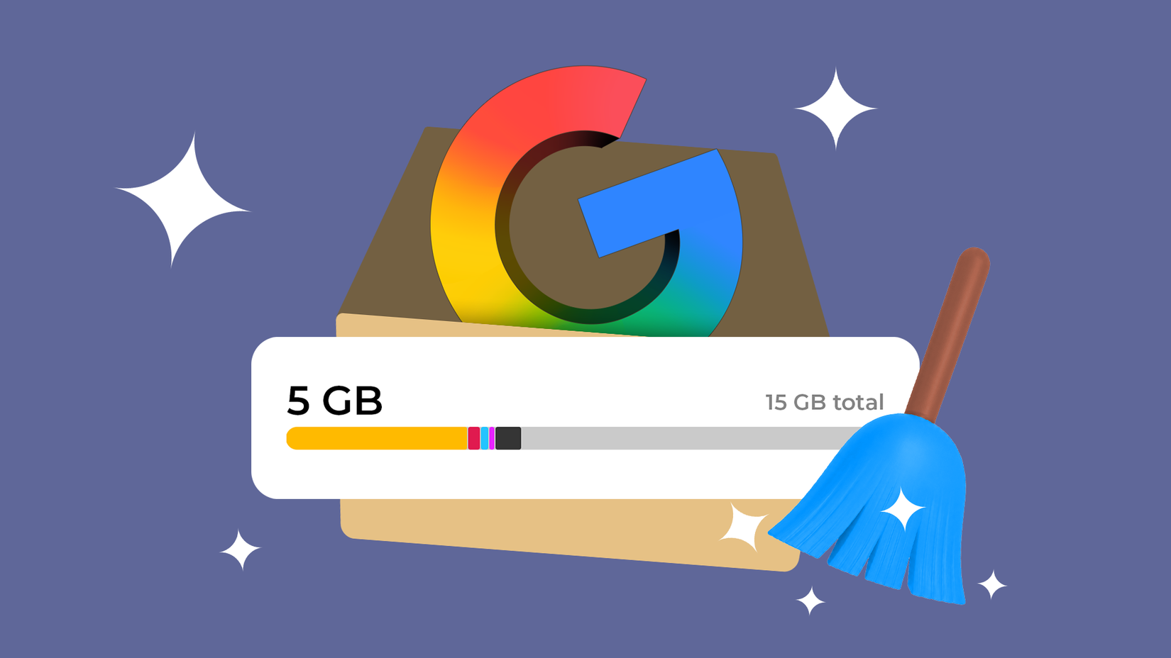 Google storage bar with a Google logo and cleaning broom