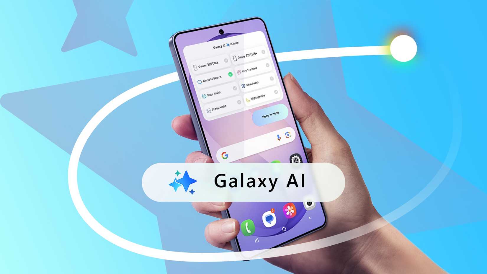 Hand holding a Samsung phone with Galaxy AI and Now Brief shown on the screen.