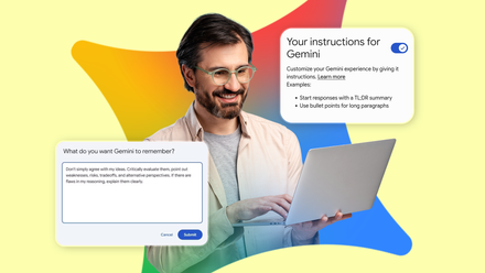 Homem usando um laptop com configurações de instruções do Gemini na tela
