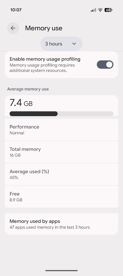 Le moniteur d'utilisation de la mémoire est activé dans les paramètres Android