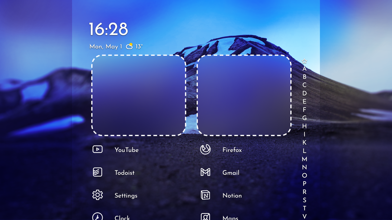 Lançador Niagara mostrando pilha de widgets lado a lado