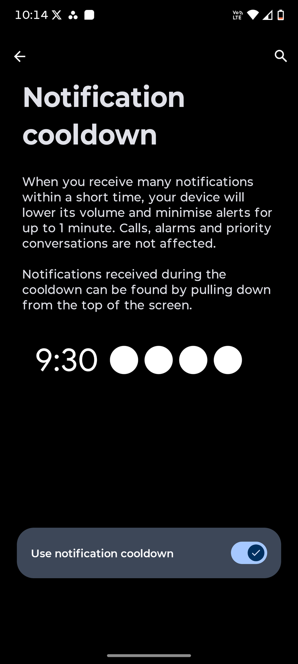 Screenshot showing the Notification cooldown toggle