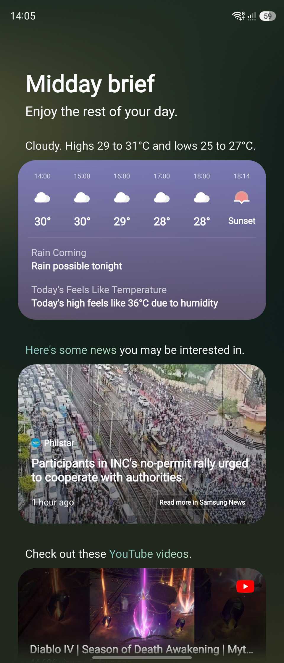 Samsung's Now Brief showing midday brief feed