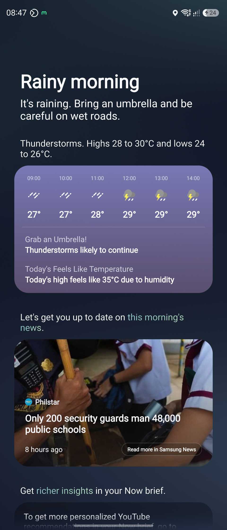 Samsung's Now Brief with morning brief showing weather forecast and news